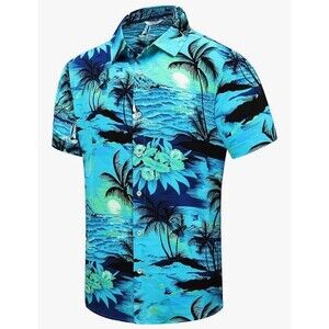 Men’s Hawaiian Collared Short Sleeve Shirt Blue Green Button Down 5XL